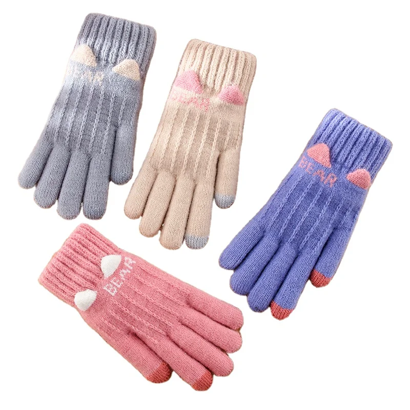 Women's Winter Plush Knitted Gloves Touch Screen Gloves Girls Winter Warm Outdoor Cycling Riding Cashmere Full Finger Gloves