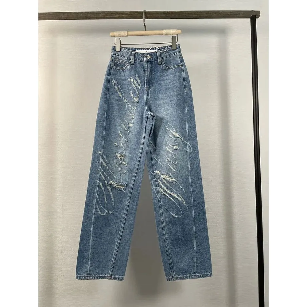 

Женские повседневные универсальные прямые джинсовые брюки с дырками, длина пять четвертей, коллекция весны 2025 г.