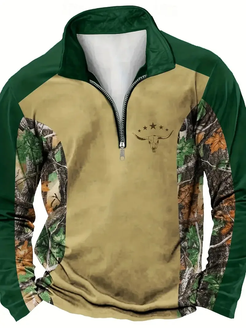 موضة الوقوف طوق الرجال ريترو الثور رئيس ثلاثية الأبعاد طباعة نصف البريدي كم طويل بلوزات خريف شتاء كم طويل البلوز رجل الملابس #3