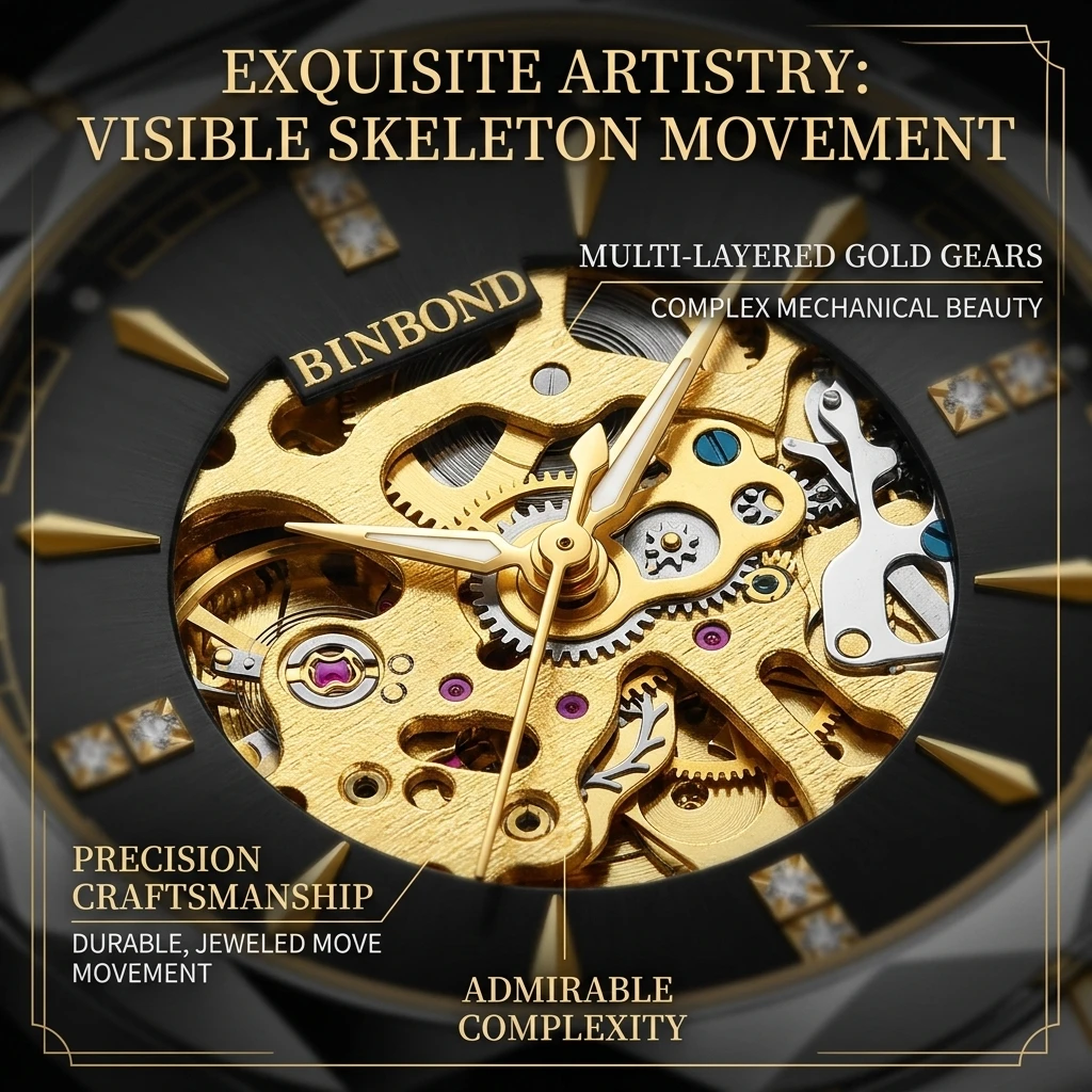 1pcs Fashion Mechanical Watch with Skeleton Movement Design, Two-Tone Metal Strap,Trendy and Versatile Elegant Men's Wristwatch