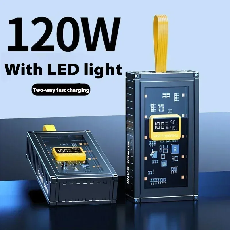 120W 50000mAh For IPhone Xiaomi External Battery Pack Power Bank Super Fast Charging Power Bank Creative Transparent Container