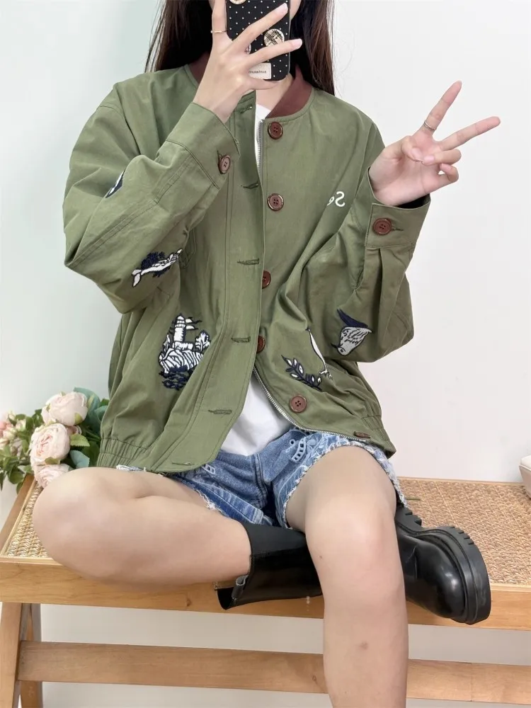 Vintage Women Autumn Pattern Embroidery Casual Jacket Single Breasted Boyfriend Style Loose Fit Bomber Jacket Streetwear Coats