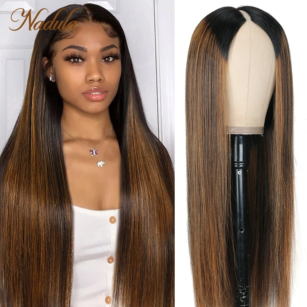 Nadula Hair V Shape Wig NO Leave Out #FB30 Blonde Highlight Wigs Brazilian Straight V Part Wig Human Hair For Beginner