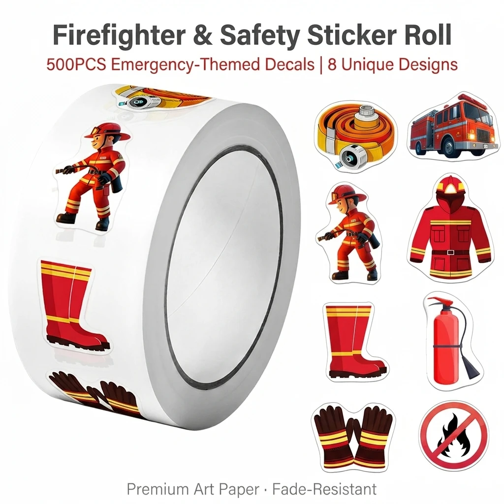 1Roll(500Pcs) Patterns of Firefighters and Firefighting Equipments Stickers 2.5cm/1.0'' 8 Designs Decals Diy Adorn Gifts Packs