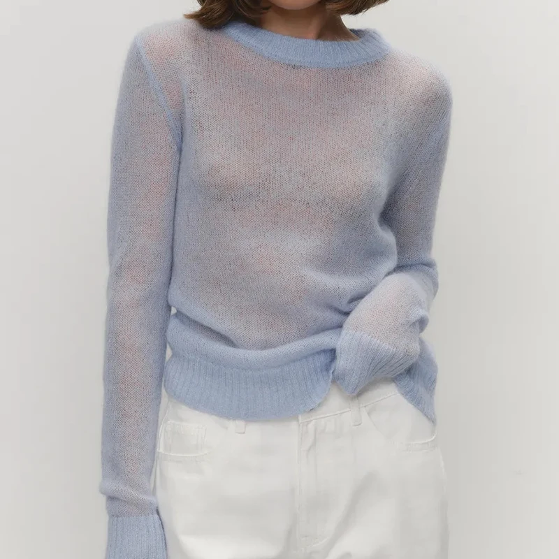 

Candy Color Long Sleeve Thin Sweaters Women Spring Summer Round Neck Sweaters Smock Woman Korean Knitted See Through Pullover