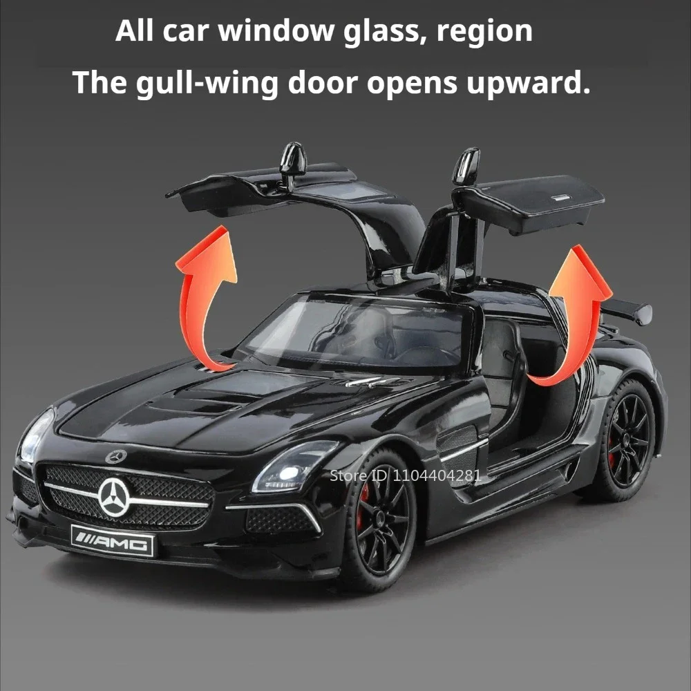 Modelo de Carro Miniatura em Metal Diecast 1:24 Benz SLS com Modificação do Capô do Motor Transparente, Presente de Férias para Meninos