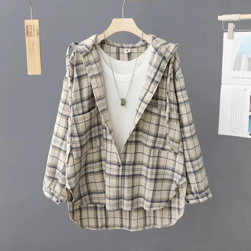 Fat Mm Plus Size Hooded Checkered Shirt for Women's Spring and Autumn New Casual Loose Fit Slimming Short Jacket 300 Pounds