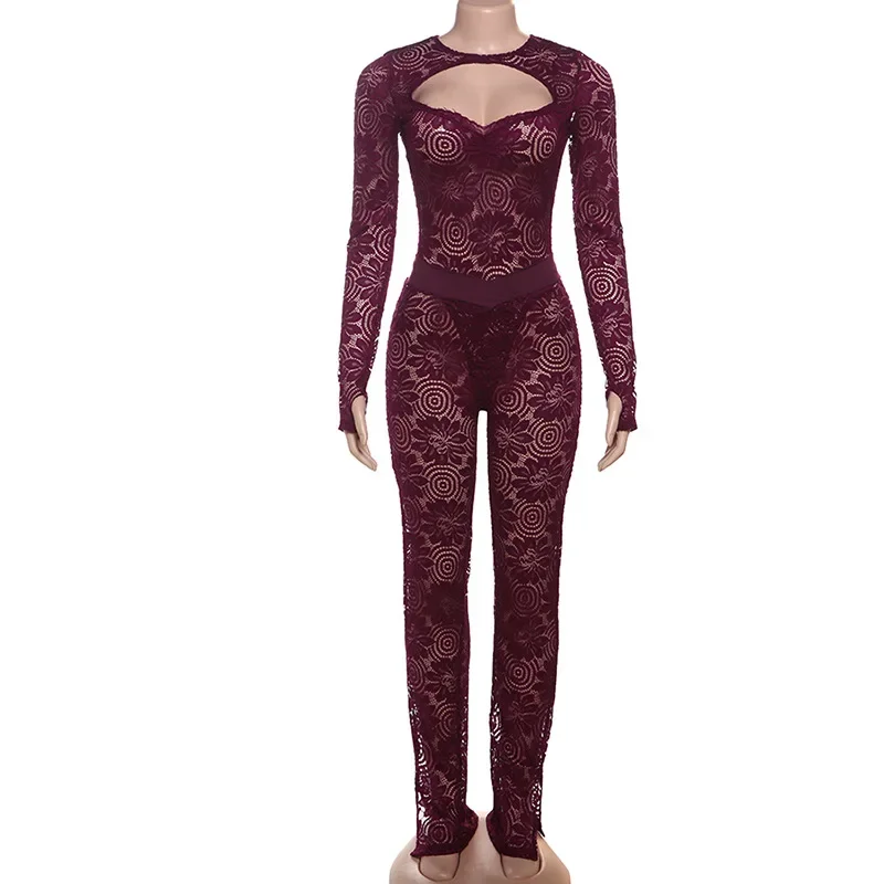 Kobiety Seksowny żakardowy koronkowy 2-częściowy zestaw z pełnym rękawem Wydrążony kombinezon bez pleców Top + Legginsy z rozcięciem Spodnie Party Clubwear Suit — zdjęcie 4