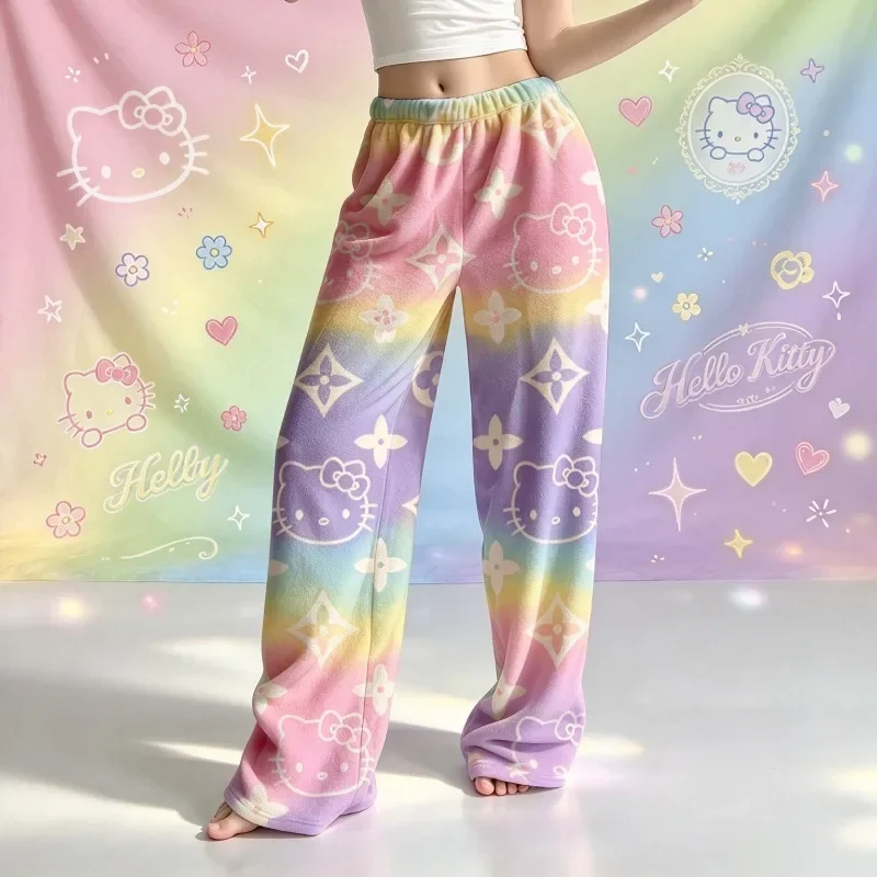 Hello Kitty Rainbow Gradient Print Flannel Pajama Pants Women Soft Fuzzy Warm Wide Leg Loose Home Sleep Loungewear Trousers