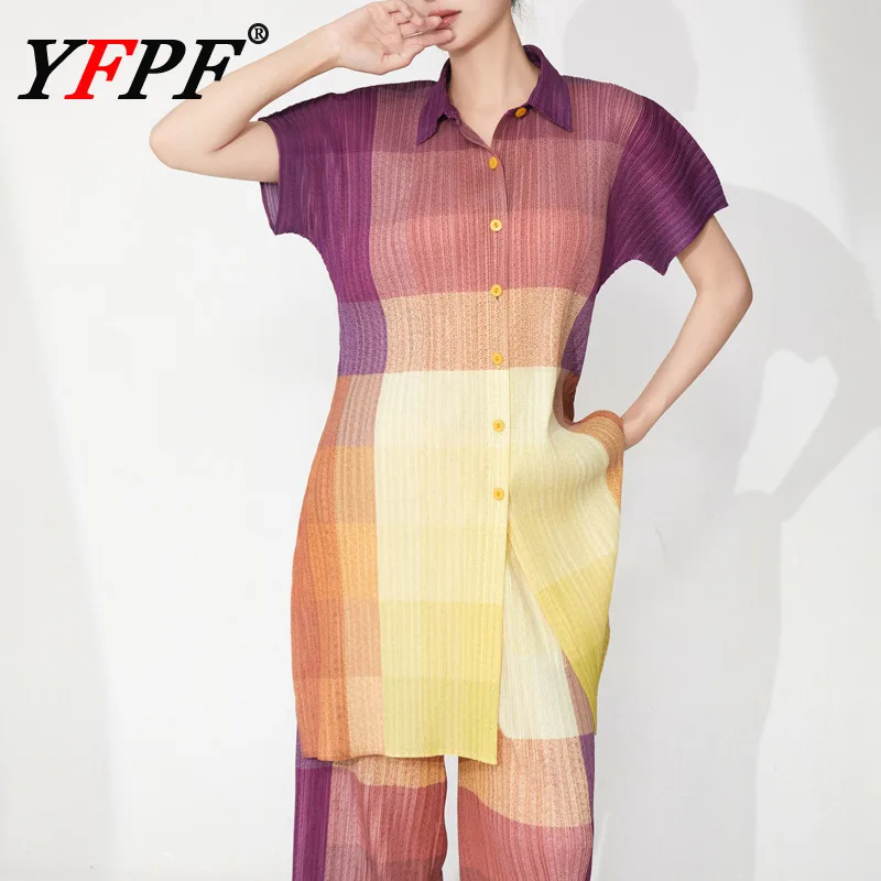 

YFPF плиссированная дизайнерская рубашка Miyake с принтом для женщин, модная блузка средней длины с короткими рукавами и пуговицами с лацканами, новинка 2025, одежда 3A366