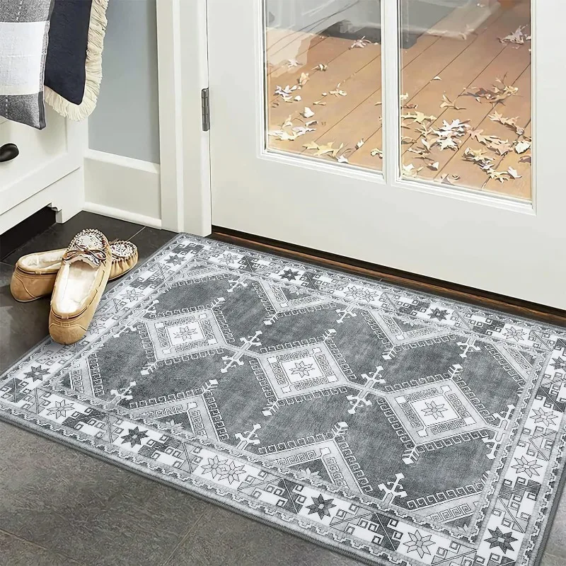 Retro Style Carpet Geometric Diamond Pattern Printed Mat Living Room Entrance Door Dust Removal Rug Bedroom Bathroom Carpet