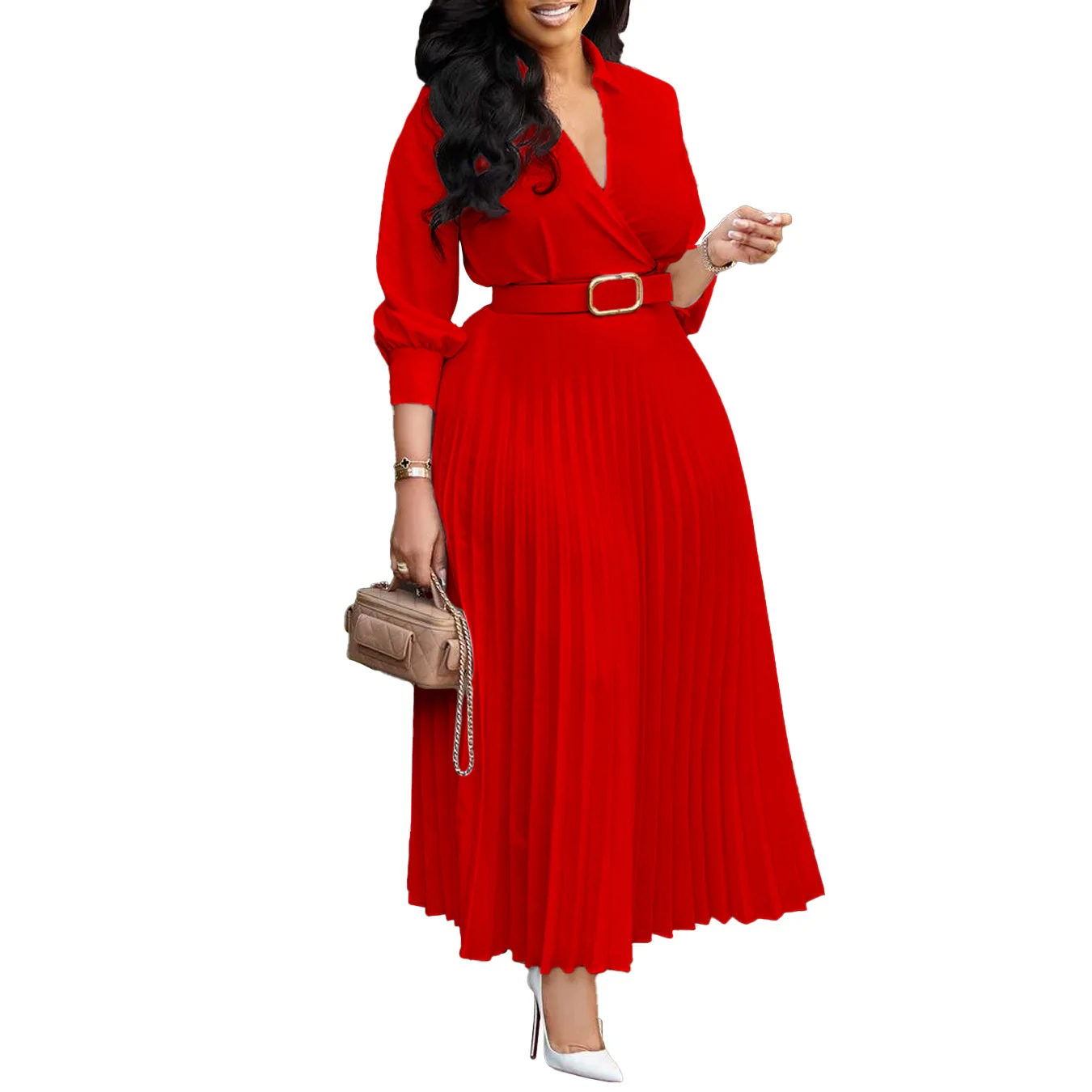 2024 Spring Plus Size Women Clothing Elegant Pleats Long Dress Full Sleeves Turn Down V Neck High Waist Shirt Dresses with Belt