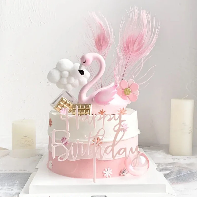 

Flamingo Happy Girl Birthday Cake Topper Decoration Feather Wings Swan Cloud Star Wedding Party Dessert Baking Supplies Dress Up