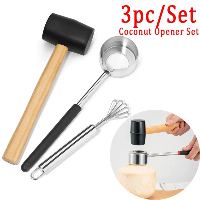 Coconut Opener Tool Set Food Grade 304 Stainless Steel Opener Coconut Meat Tool Wooden Handle Rubber Hammer Easy To Use Durable 