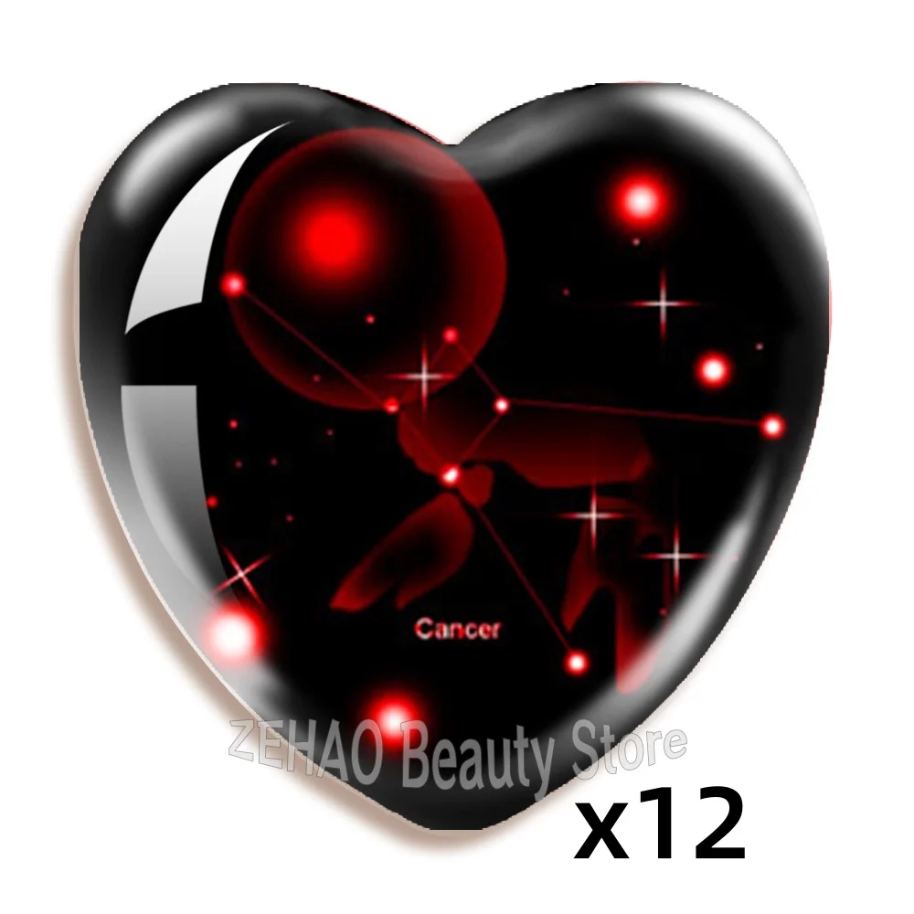 12Pcs Constellation Collection 16mm-30mm Heart Photo Glass Cabochon Demo Flat Back Making Wholesale 12pcs/set