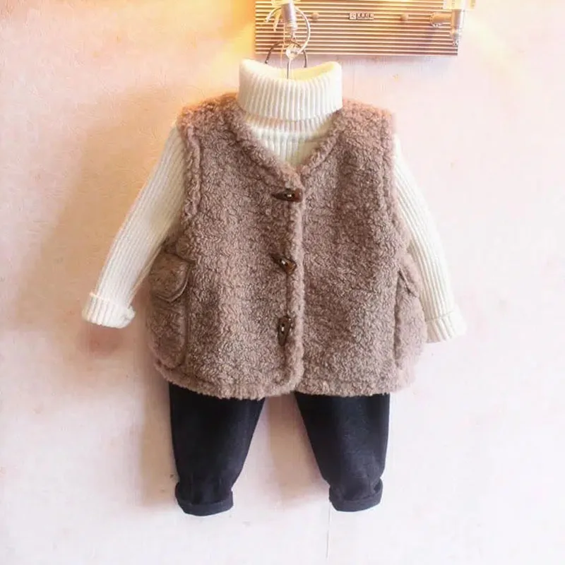 

Imitation Lamb Hair Children's Vest Spring Autumn Winter Waistcoat Single Breasted Boys Girls' Waistcoat V-neck Children's Coat