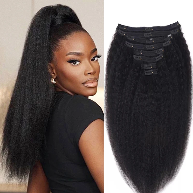 Extensions de cheveux humains vierges brésiliens pour femmes, 120 cheveux humains crépus raides, clip de tête complet, non transformés, 100% g