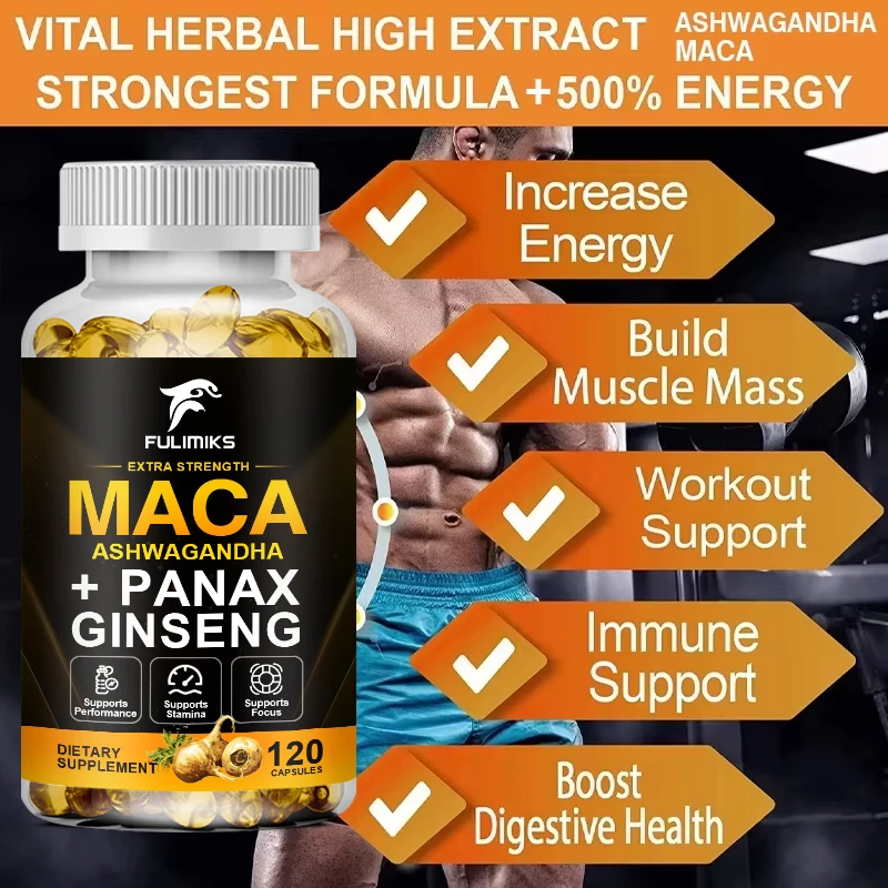 Premium Maca Root + Ginseng + Ashwagandha Capsules, Supports Physical Performance, Mental Clarity, Stress Management & Vitality