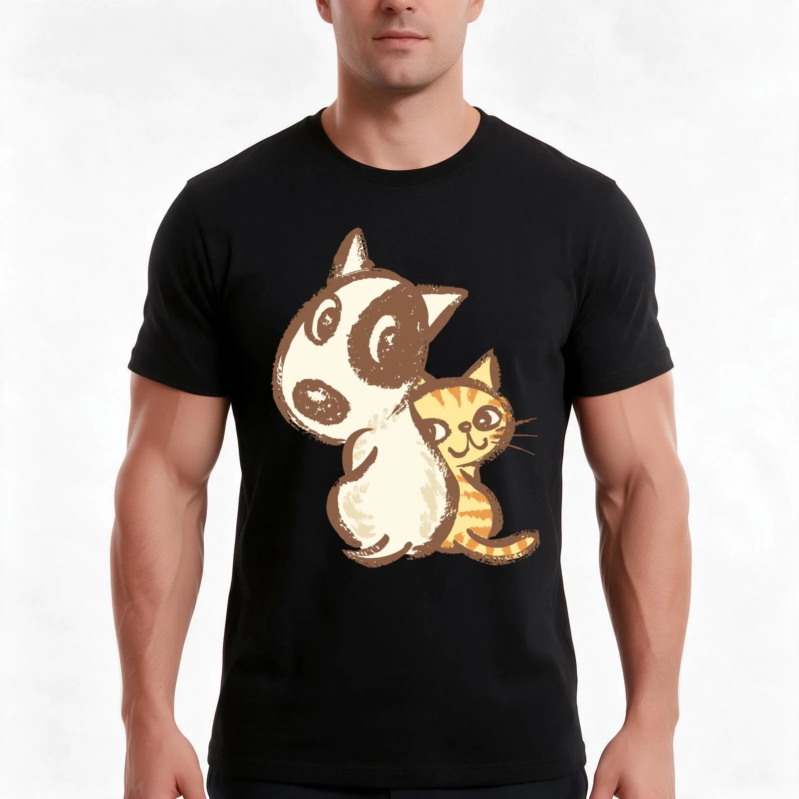 Dog and cat are turning around T-Shirt, Summer Casual Cotton Tee, Oversized Streetwear Tops, Vintage Graphic Print, 100% Cotton