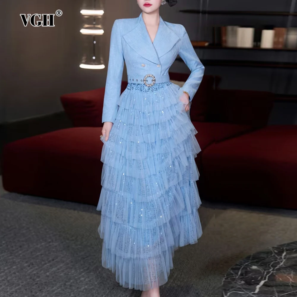 Vgh escritório elegante retalhos lantejoulas vestidos para mulheres lapela manga longa cintura alta emendado em camadas malha festa bolo vestido feminino