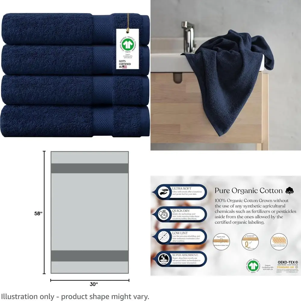 

Premium Organic Cotton Bath Towels Set of 4, 650 GSM, Quick Dry, 30x58