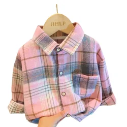 Autumn Children's clothes Girls Boys Casual Retro Lapel Shirt Long Sleeves Single-breasted Tops Blouses Plaid Shirts