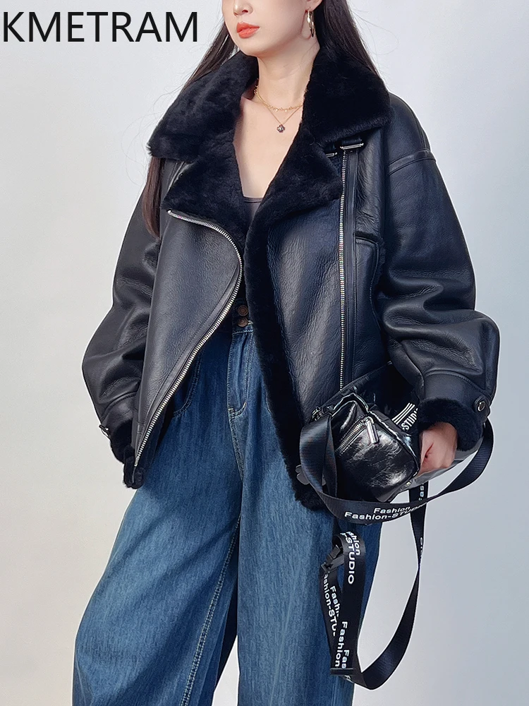Damska kurtka motocyklowa z prawdziwego futra, dwustronna, z naturalnej wełny owczej merino, czarna, zimowa odzież damska 2025