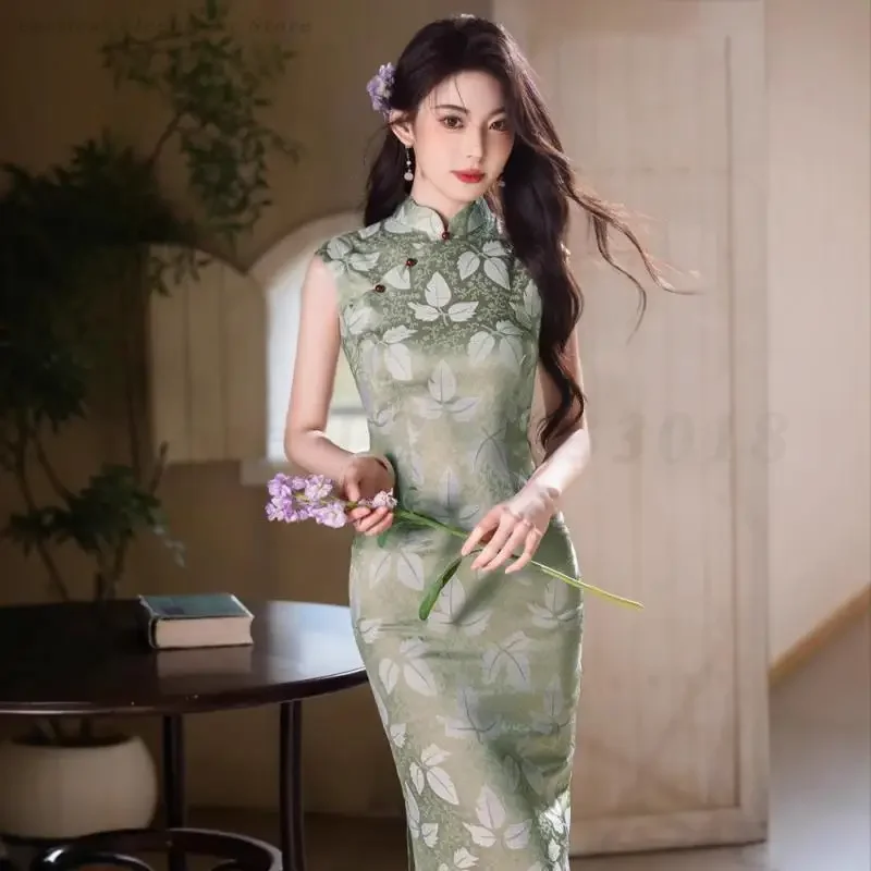 

Female Elegant Chinese National Qipao Green Printed Sexy Sleeveless Cheongsam Women Vintage Elegant Qipaos Dress Big Size 3XL