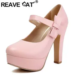 REAVE CAT Sexy Mary Janes Pumps Round Toe Block Heels 12cm Platform 3.5cm Bowknot Plus Size 46 47 48 Fashion Dating Party Shoes