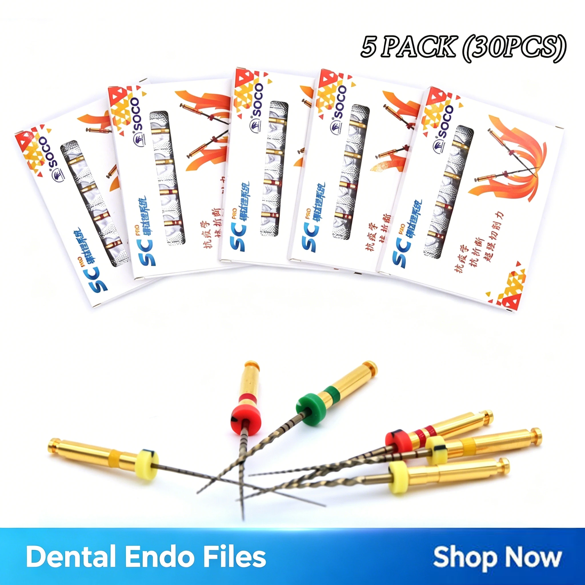 5 Pack (30pcs) Soco Sc E-FLEX Gold Dental Ni-Ti Root Canal Files COXO Rotary File Dental Open End Files/Unclogging Files/Shaping