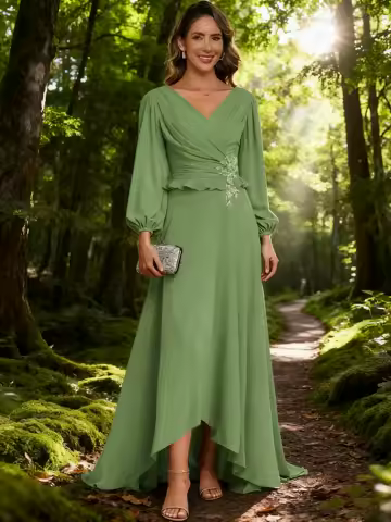 Women's Lace Applique Mother of The Bride Dresses Long Sleeves V Neck Formal Evening Party Dress