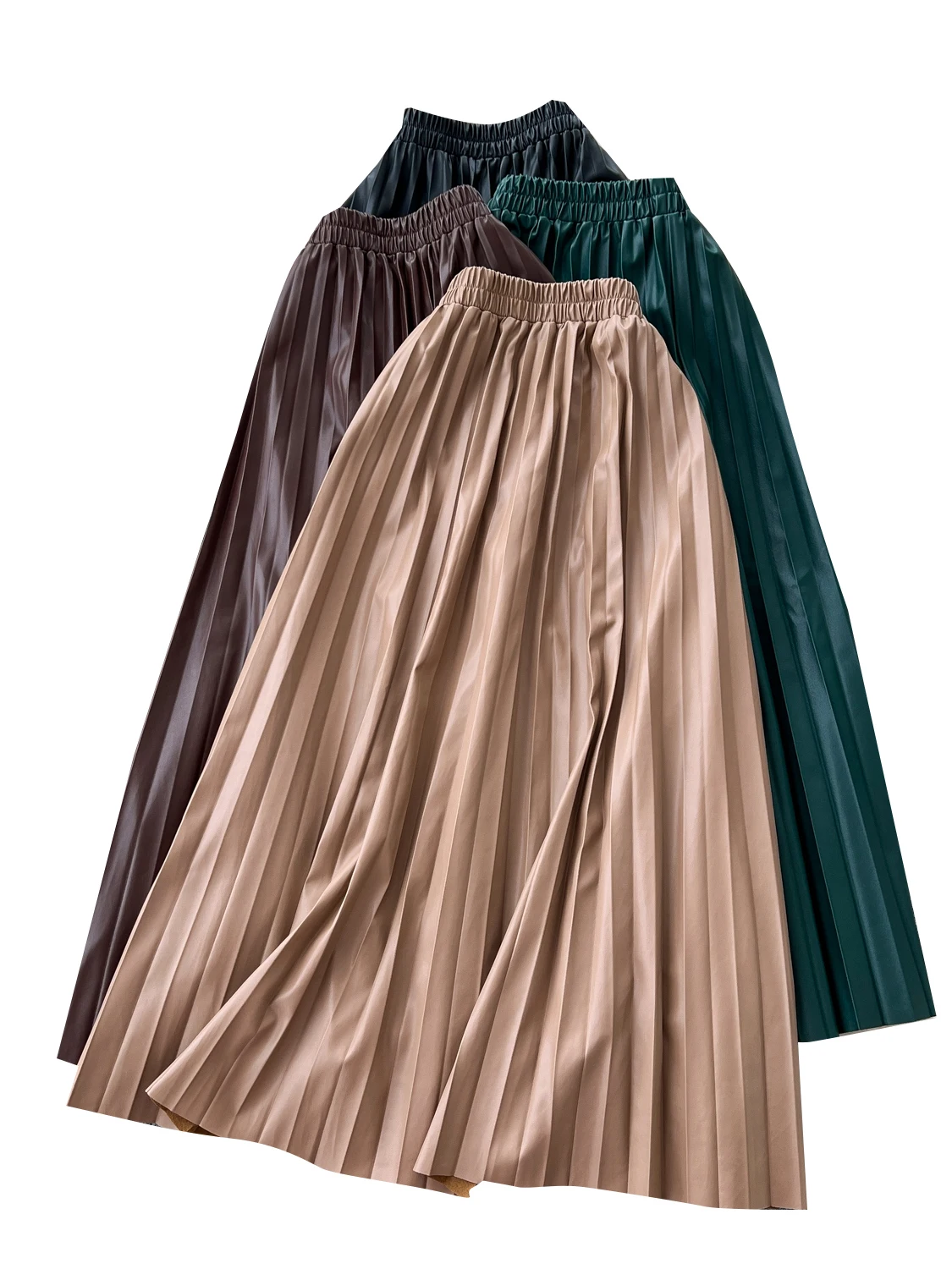 High Waist A-Line Midi Skirt Women's Leather Jaet Elastic Waist Slimming Pleated Skirts Korean Sle Ci Commute Polyester...
