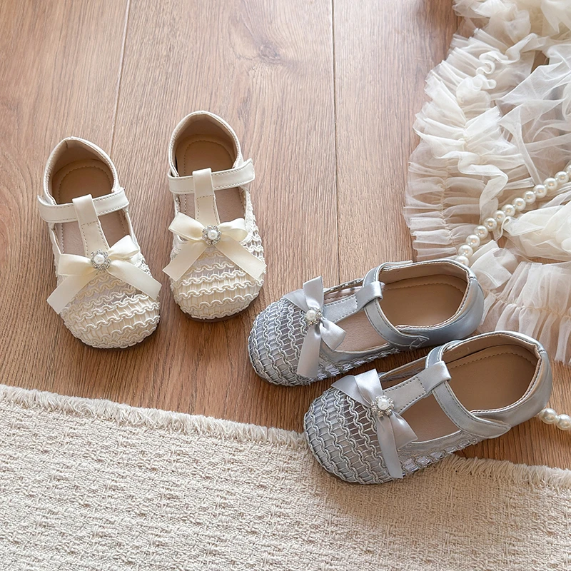 Kids'Casual Shoes Mesh Bow Solid Color Spring Shoes For Girls Anti-slip Breathable Soft Bottom White Silver Shoes Size 23-34
