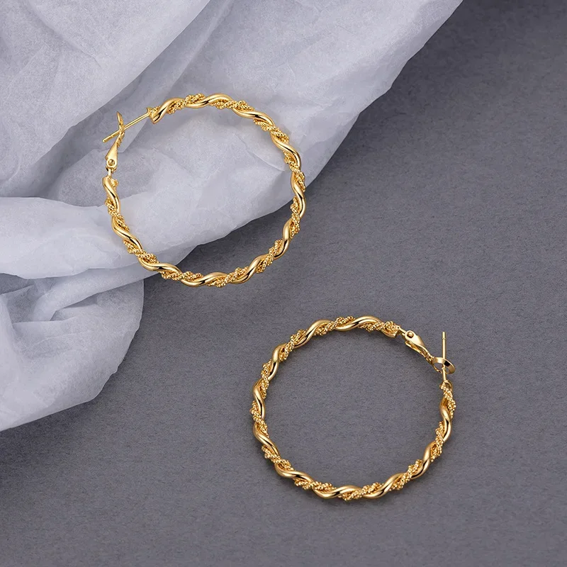 9999 Real Gold 24K Cold Wind Simple Circle Twist Earrings S925 Silver Needle Premium Retro Exaggerated Twist Circle Earrings