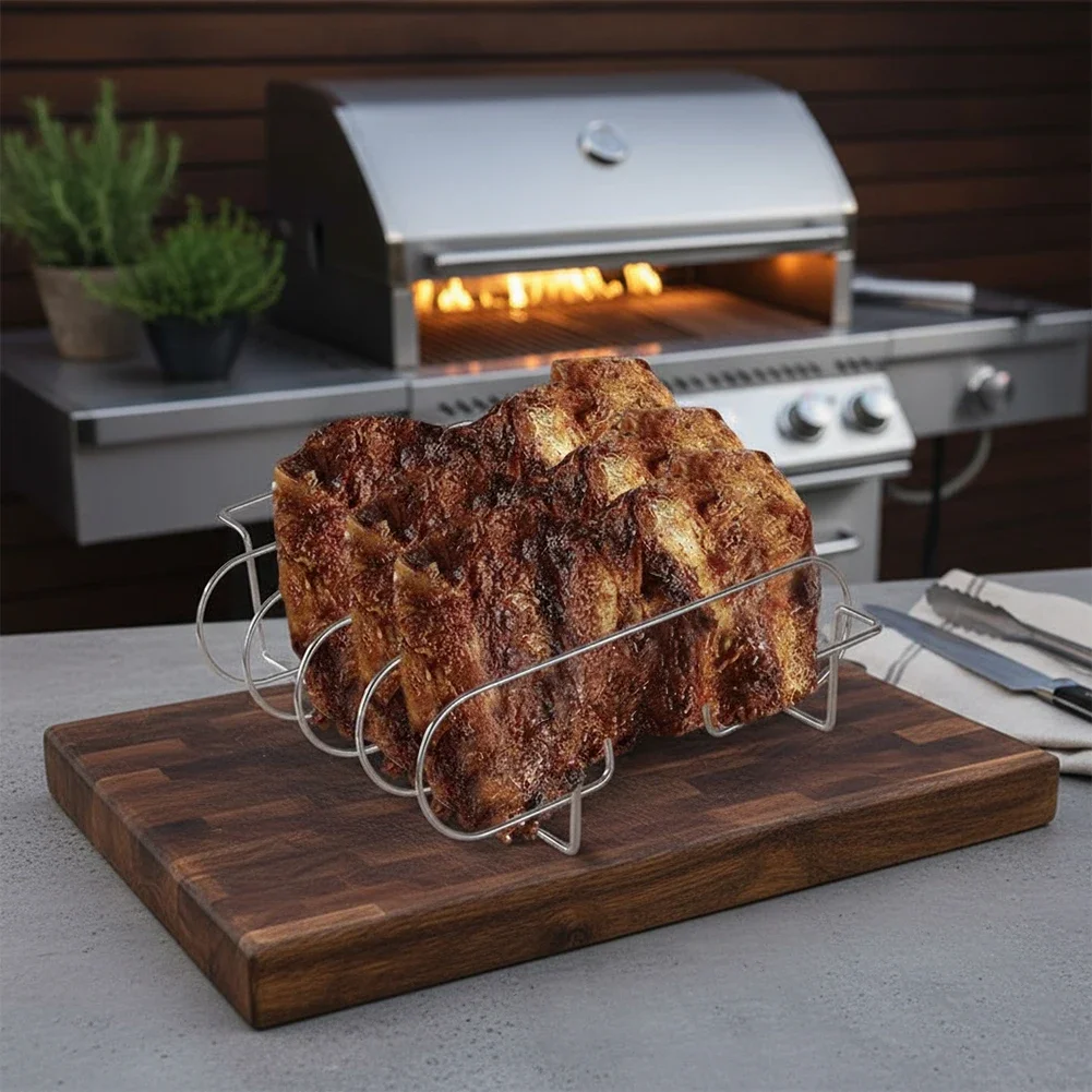 Non-Stick BBQ Rack for Steaks Lamb Chops Compact Metal Grill Fits Air Fryers 31.5x26x7.3cm Black Silver Design