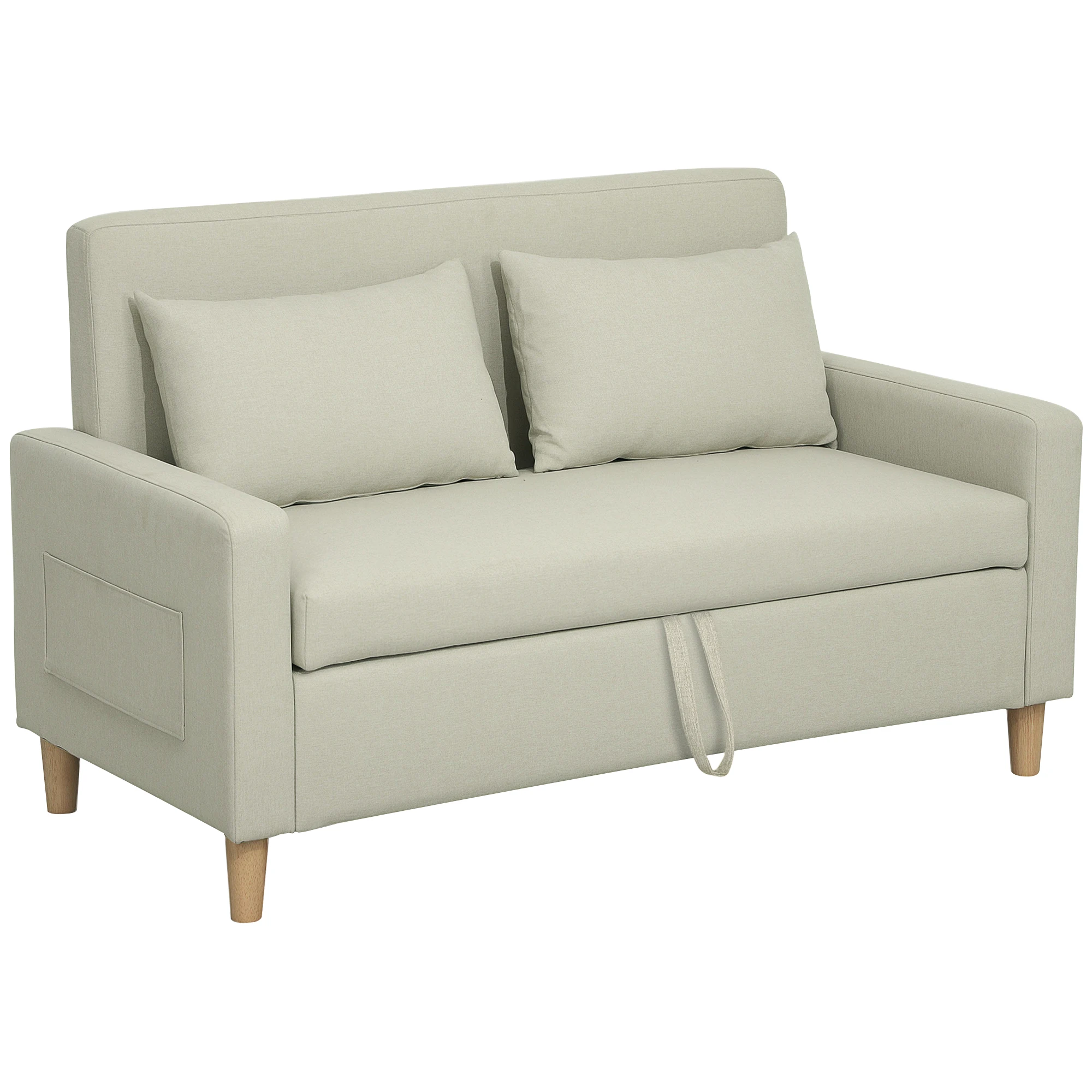 HOMCOM Sofá de 2 Plazas Tapizado en Lino Sintético con Espacio de Almacenamiento, Sofá Moderno con 2 Almohadas, Bolsillo y Patas de Madera, Carga 240 kg para Dormitorio, Salón 135x71x84 cm