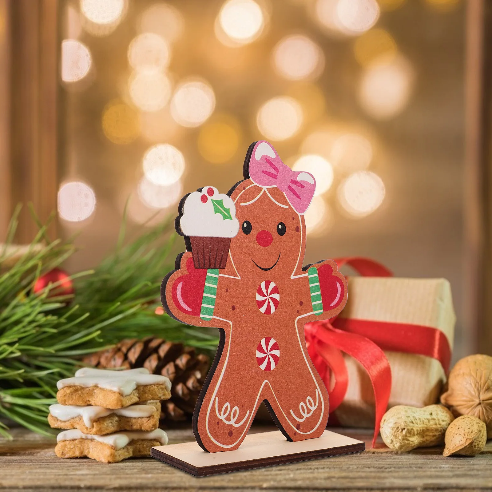 

2Pcs Gingerbread Man Wooden Ornaments Festive Lollipop Design Holiday Tiered Tray Decor Centerpieces Gingerbread Man Board