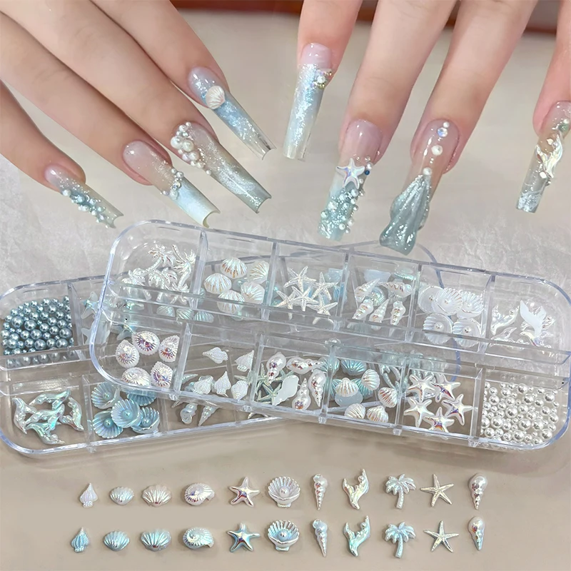 12 Grids/Box Aurora Nail Charm Shell Starfish Mermaid Tail 3d Art Accessories For Dreamy And Oceanic Manicure Look