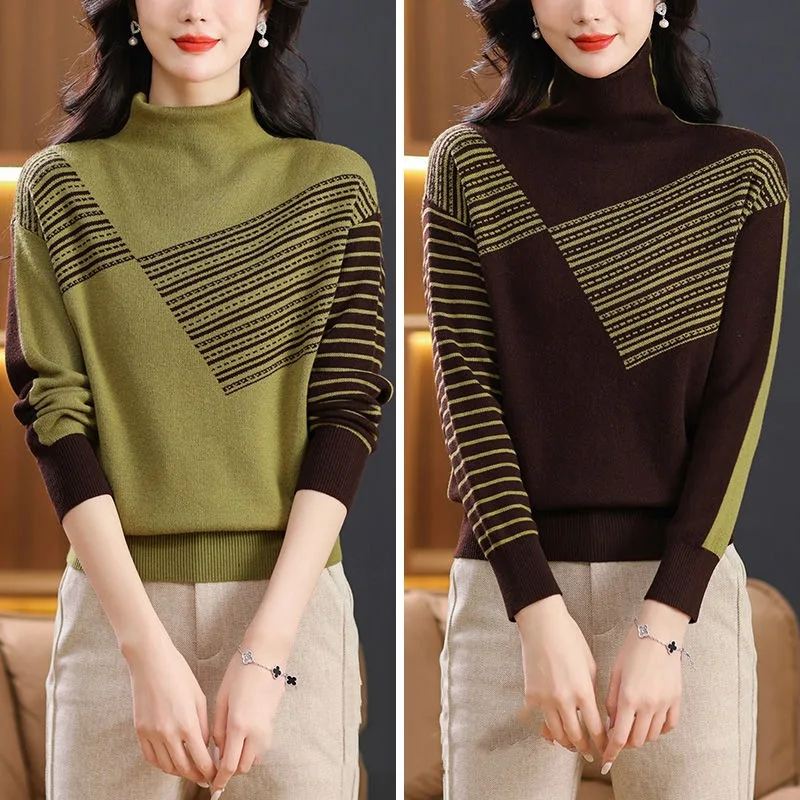 Women\'s High Neck Fashion Commute Sweaters Knitted 2024 Spring Autumn New Loose Spliced Striped Long Sleeve Pullover Bottom Tops