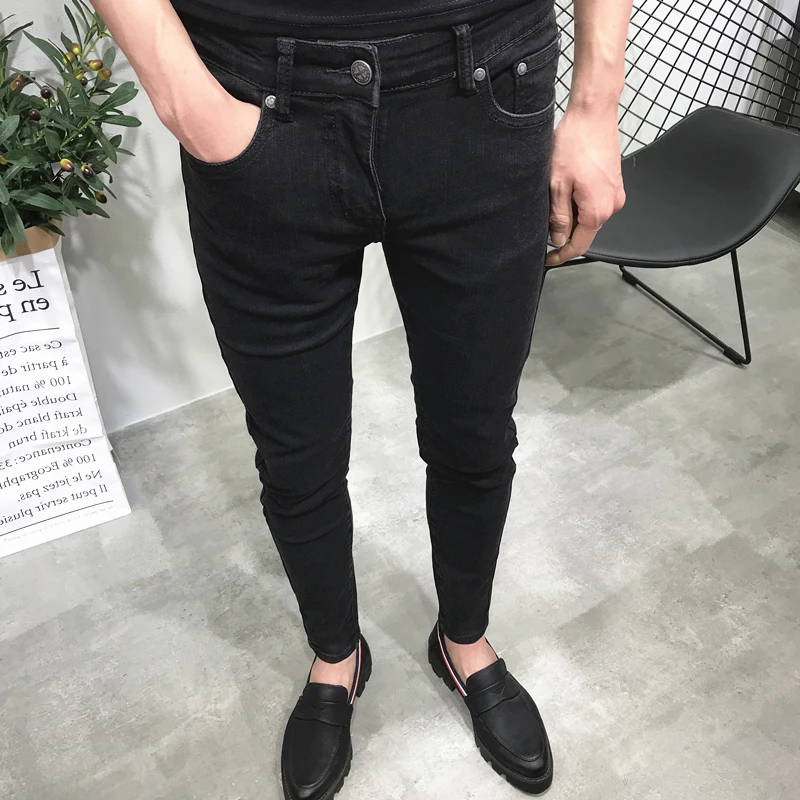 

Men's Slim Fit Denim Jeans Pure Color Casual Elastic Trendy Black Nine-Piece Pants Low Waist Zipper Closure Four-Season Wear