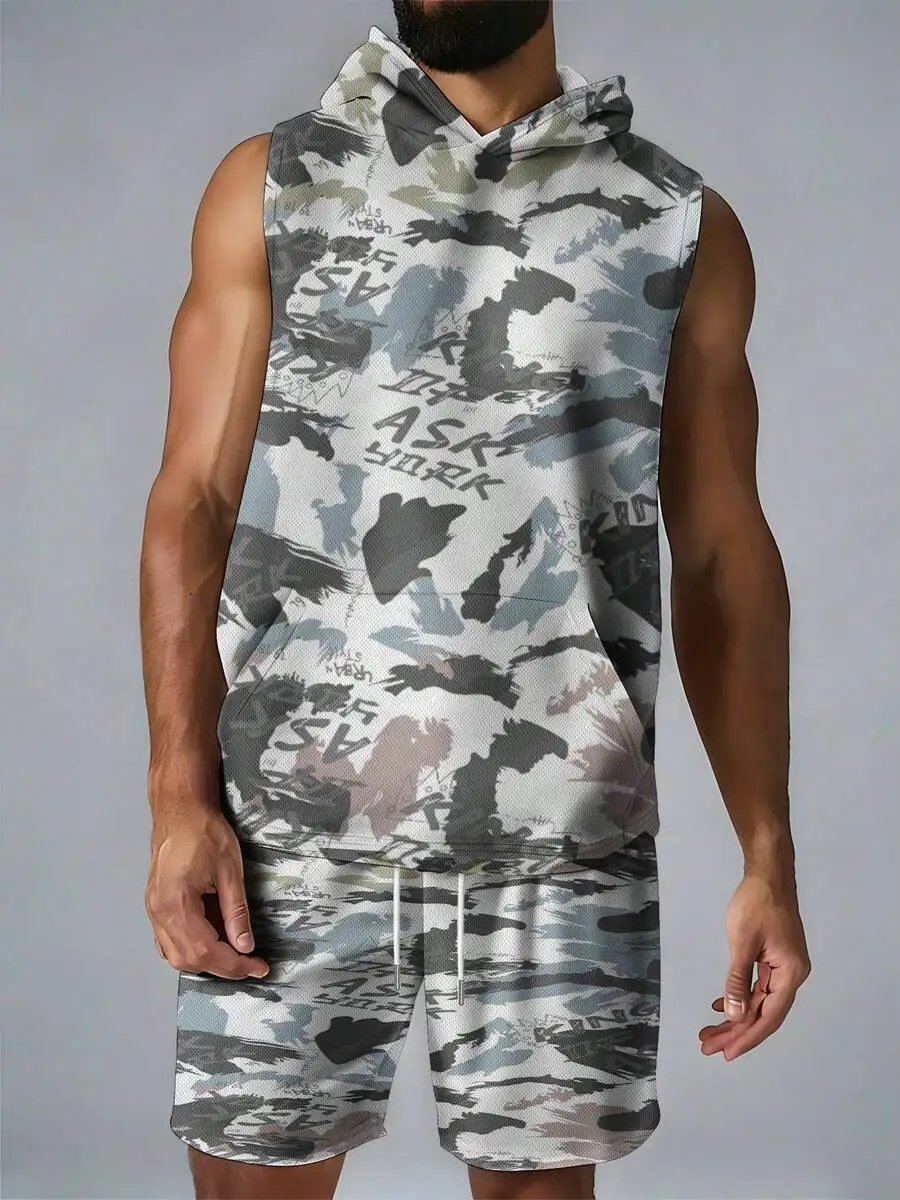

Mens Sleeveless Hooded Camo Two-Piece Set Featuring Abstract Graffiti Text And Mountain Silhouettes, Lightweight Summer