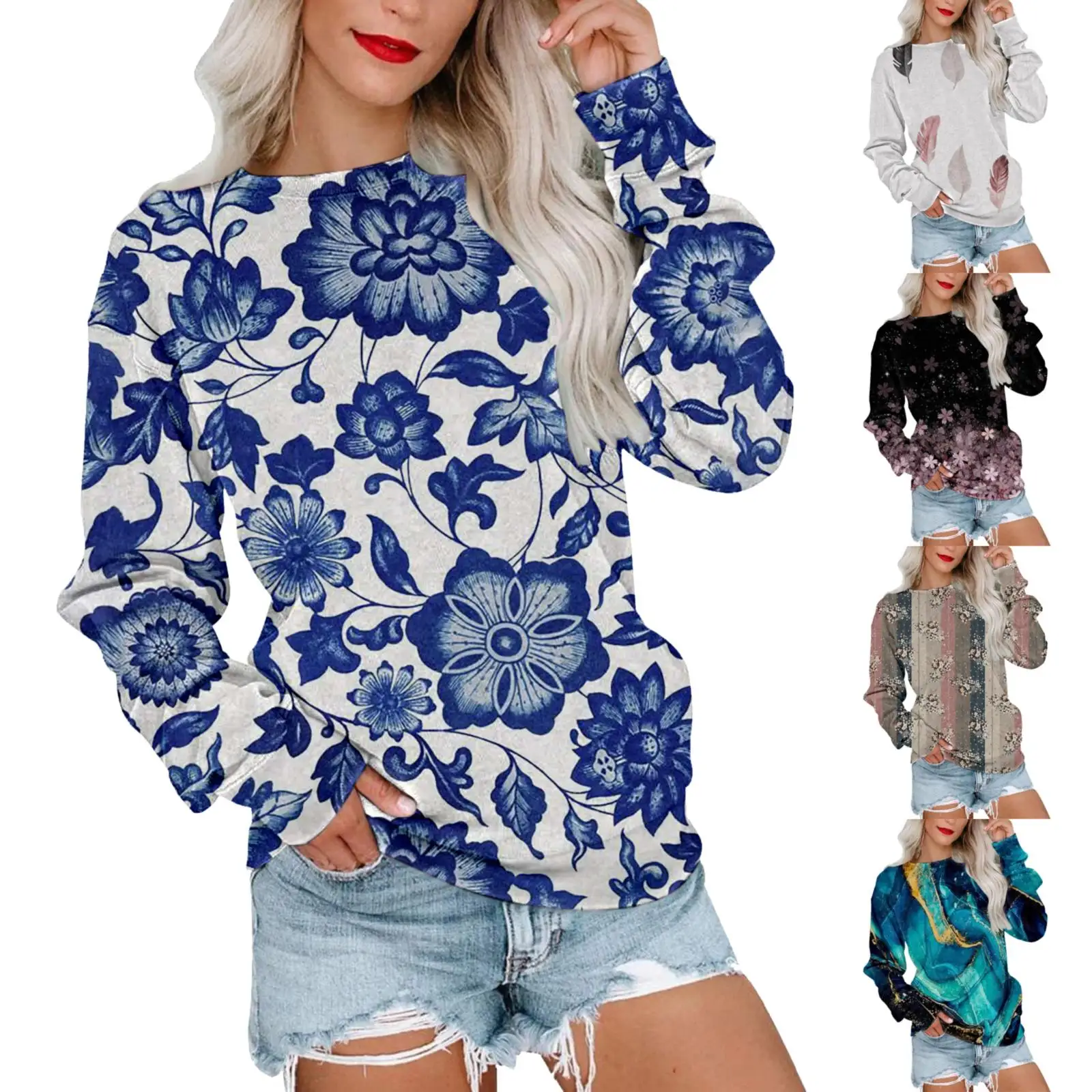 Jersey de manga larga con cuello redondo para mujer, suéter de Color floral, Sudadera con capucha con cremallera, sin capucha, moda de otoño e invierno