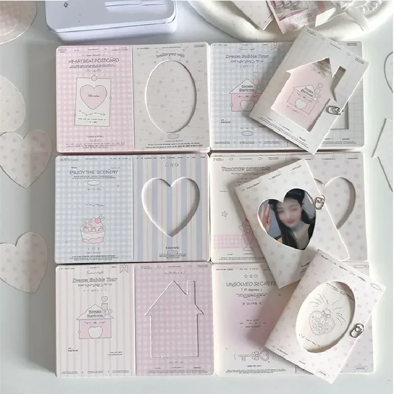 10pcs Ins Sweet Idol Photo Card Frame Heart Oval Hollow Paper Decoration Scrapbooking Collage Foldable Card Frame Stationery