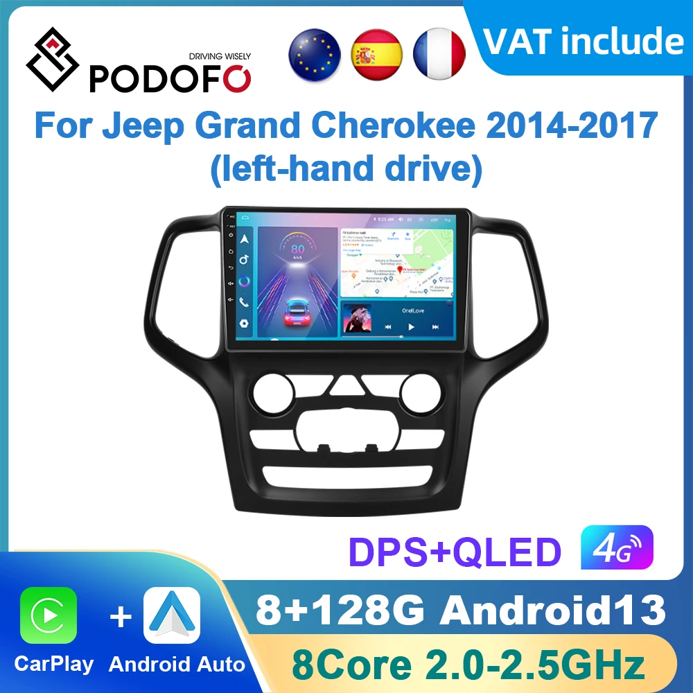 Podofo AI Voice Android Carplay Car Radio For Jeep Grand Cherokee 2014-2017 Android Auto 4G Multimedia Player GPS RDS Radio