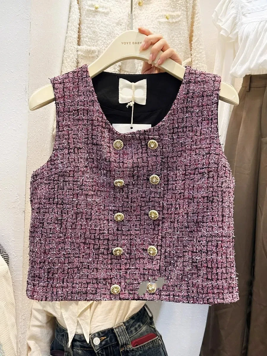 2024 Spring New Coarse Tweed Double-breasted Weave Women Vest Unique Round Neck Sleeveless All-match Short Loose Coat Tops