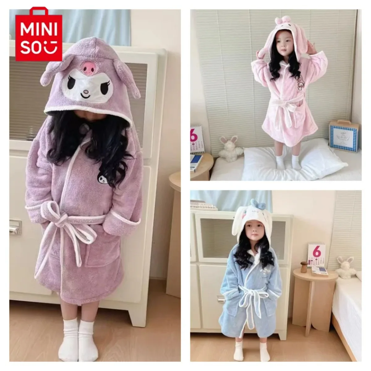 

MINISO Cinnamoroll‌ My Melody Cute Exquisite Trendy Thickened Water-absorbent Quick-drying Hooded Bath Warm Robe Soft Nightgown