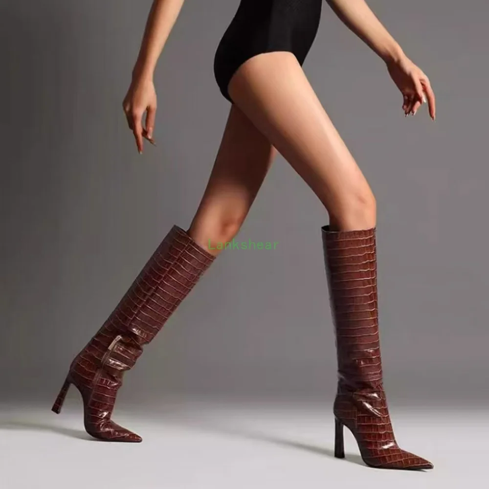 

Crocdile Knee High Boots Sexy Pointed Toe Stiletto Solid Slip On New Arrivlas Fashion Women Modern Boots