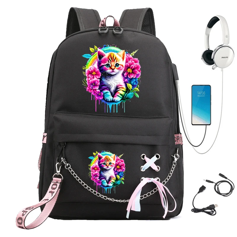 

Student Schoolbag Large Capacity Backpack Watercolor Cute Floral Cat High School Student Backpack Cartoon Bagpack Usb Bookbag