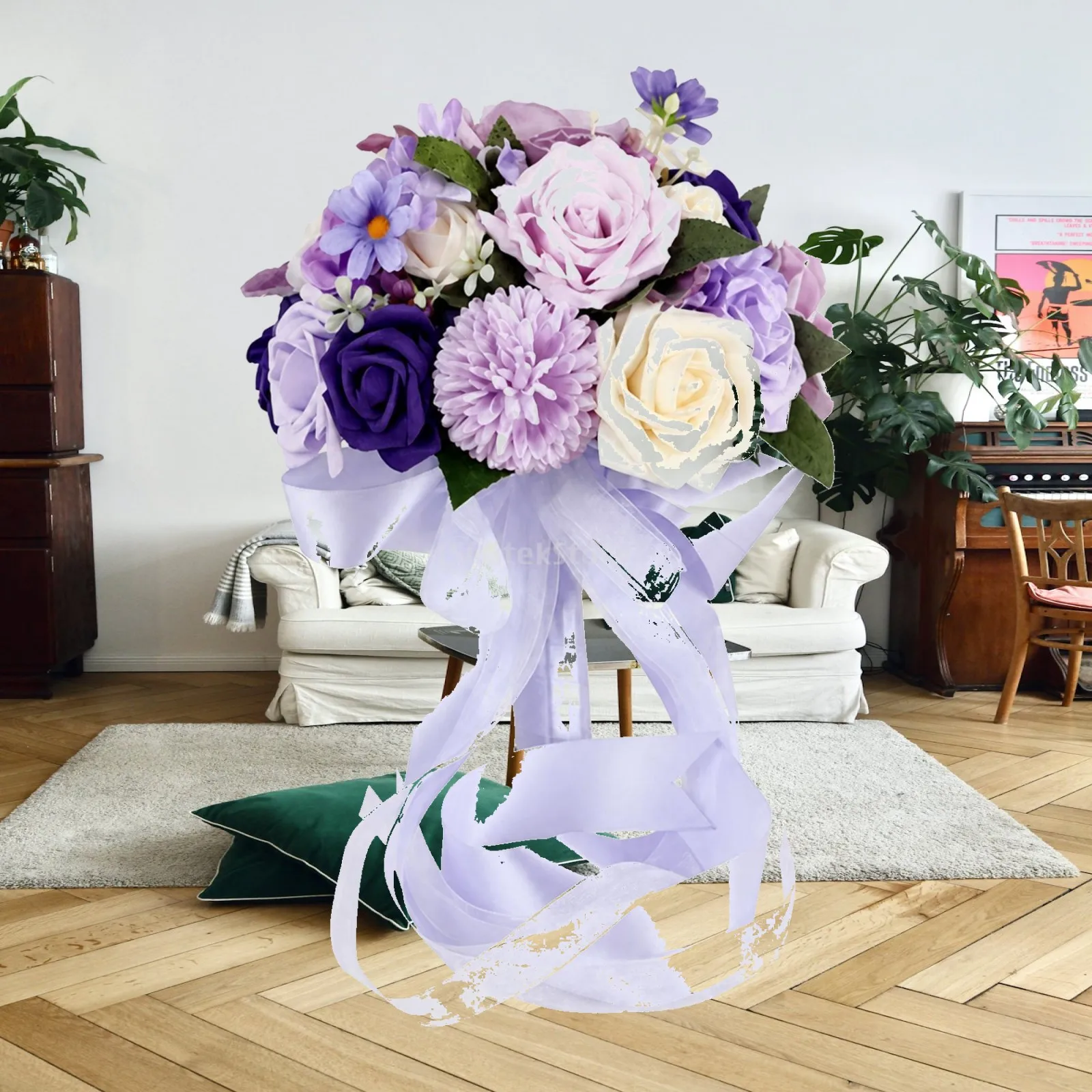 Silk Flower Bridal Bouquet for Wedding Bride Lilac Tone Rounded Design with Ribbon Wrapped Stem Lightweight Comfortable Carry