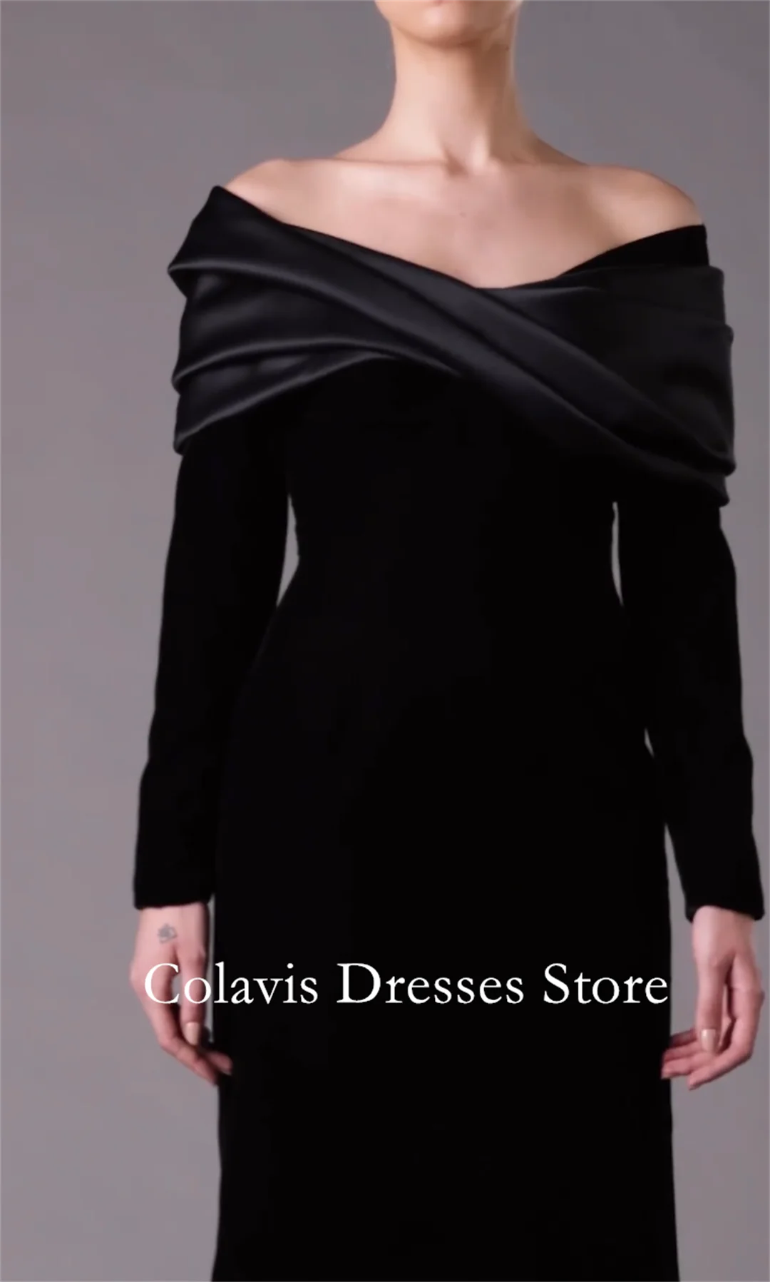 Colavis Fashion Off-Shoulder Customized 2024 New Women's Maxi  Satin Prom Dress Long Sleeves Black Celebrity Mermaid Party Dress